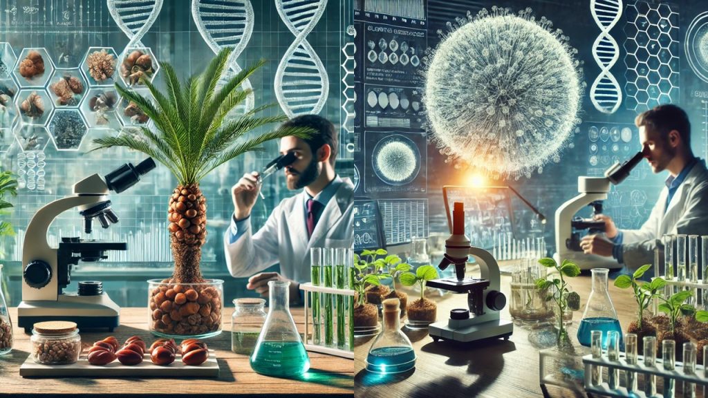 Scientists in a laboratory conducting research on plant genetics and biotechnology, surrounded by microscopes, test tubes, DNA structures, and plants, symbolizing innovation in agricultural biotechnology