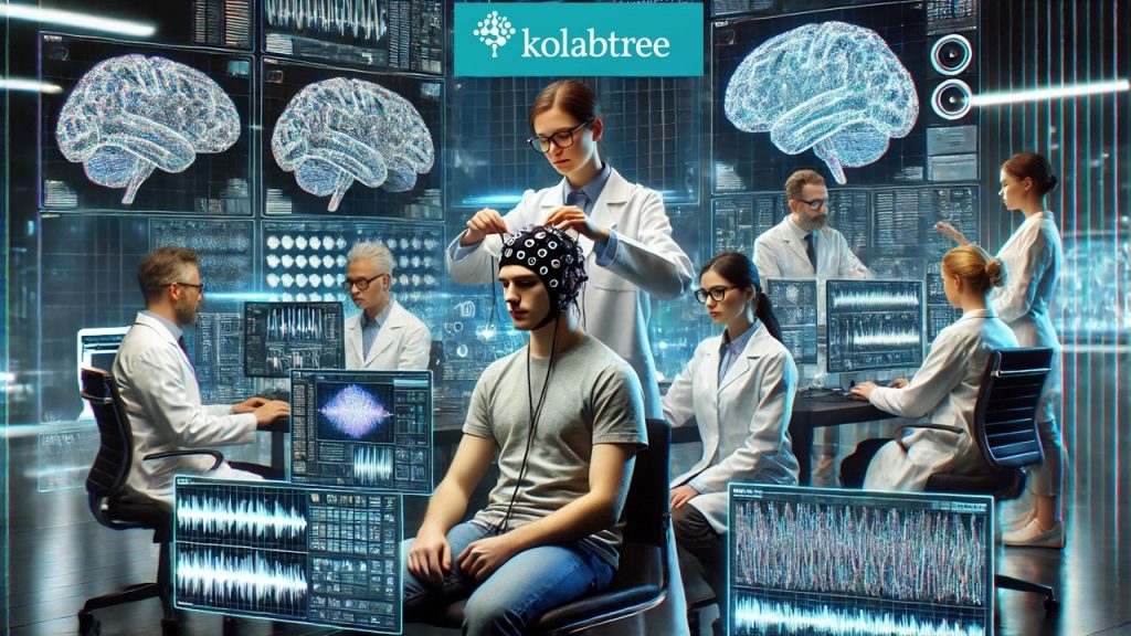 A high-tech neuroscience lab where scientists analyze brain activity using EEG, surrounded by holographic brain images and data screens. The "Kolabtree" logo highlights scientific collaboration.