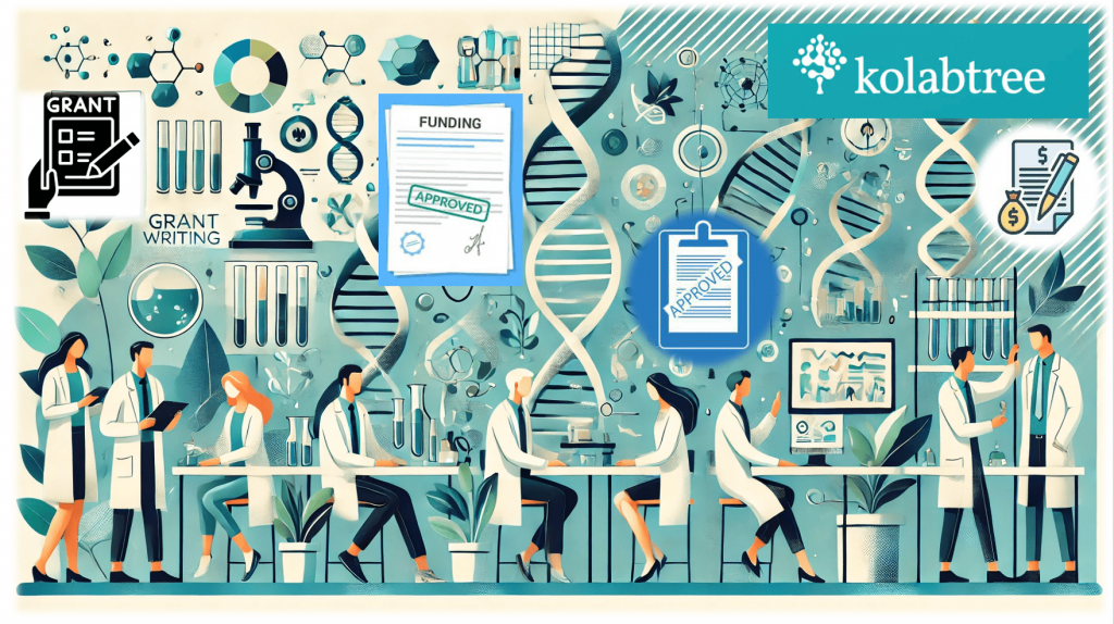 Illustration of scientists collaborating in a laboratory setting, surrounded by DNA strands, microscopes, and test tubes, representing grant writing and funding approval processes, with the Kolabtree logo featured prominently.