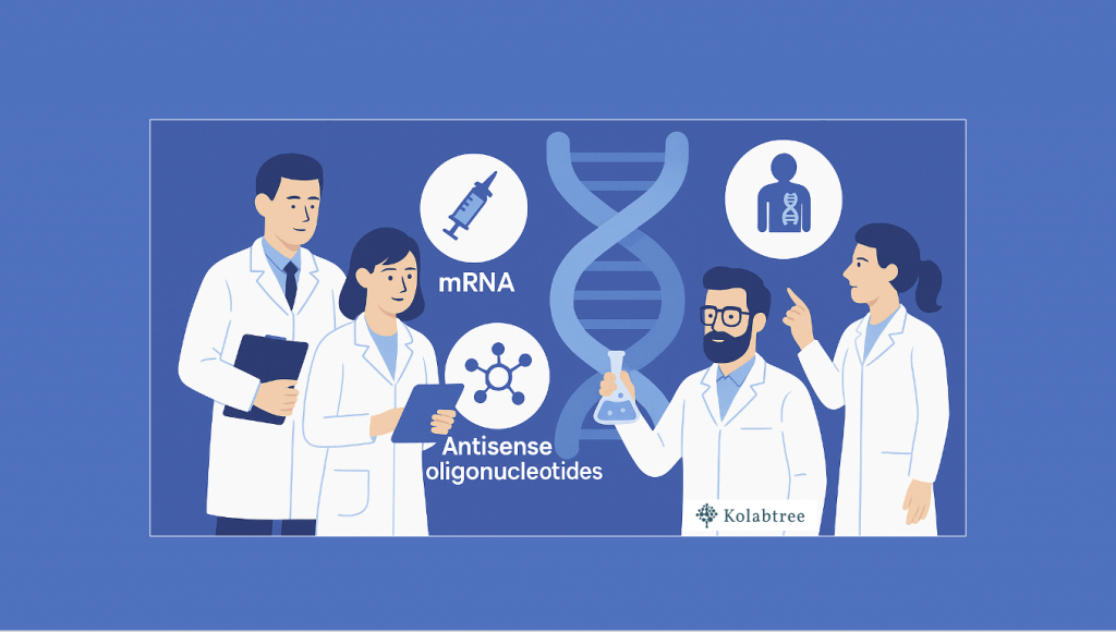Illustration of four scientists collaborating on RNA therapeutics, with icons for mRNA, antisense oligonucleotides, and gene-related research surrounding a central RNA double helix; Kolabtree logo at the bottom.