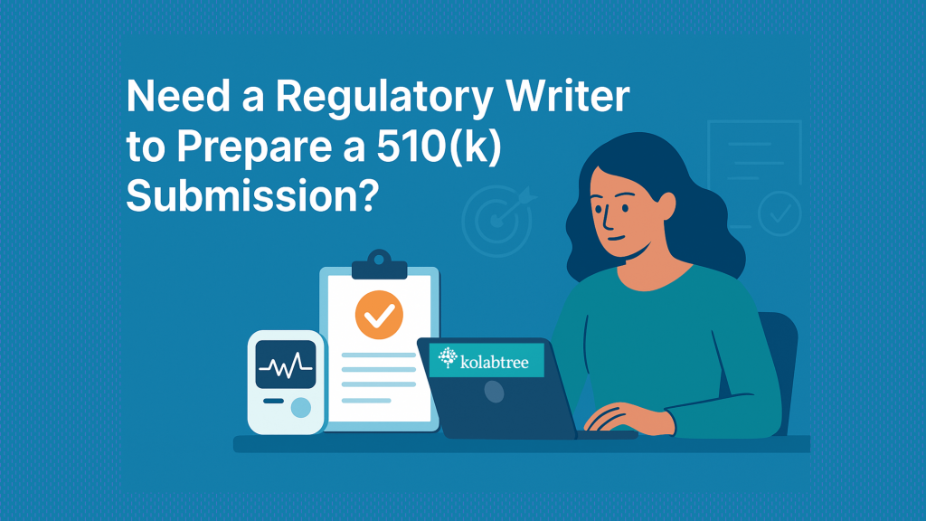 Illustration of a regulatory writer working on a 510(k) submission, sitting at a desk with a laptop, clipboard, medical device icons and Kolabtree.