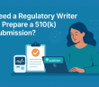 Illustration of a regulatory writer working on a 510(k) submission, sitting at a desk with a laptop, clipboard, medical device icons and Kolabtree.