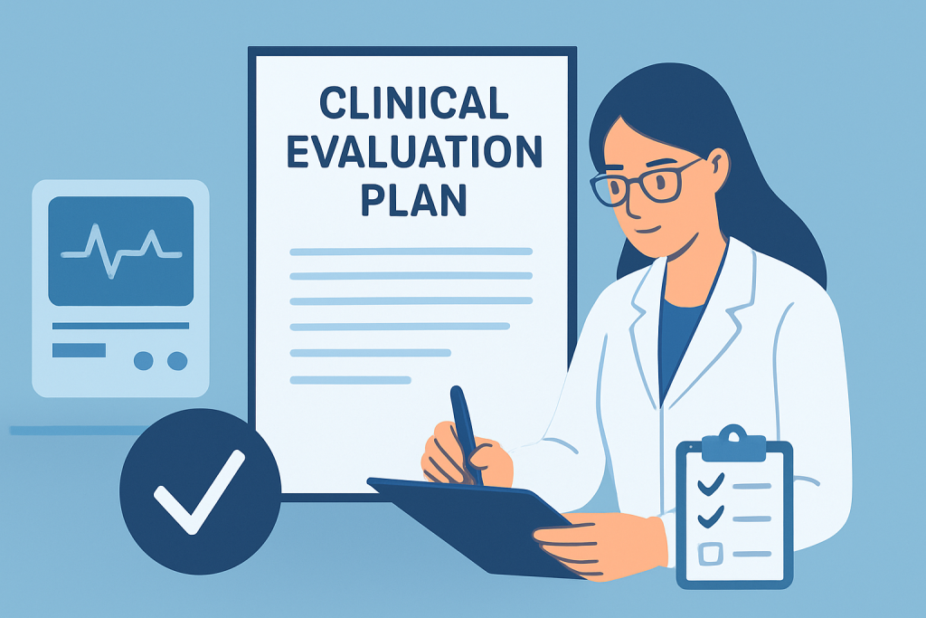 Illustration of a medical professional reviewing documents and preparing a Clinical Evaluation Plan, with medical device icons, checklists, and compliance symbols in a clean blue-themed design.