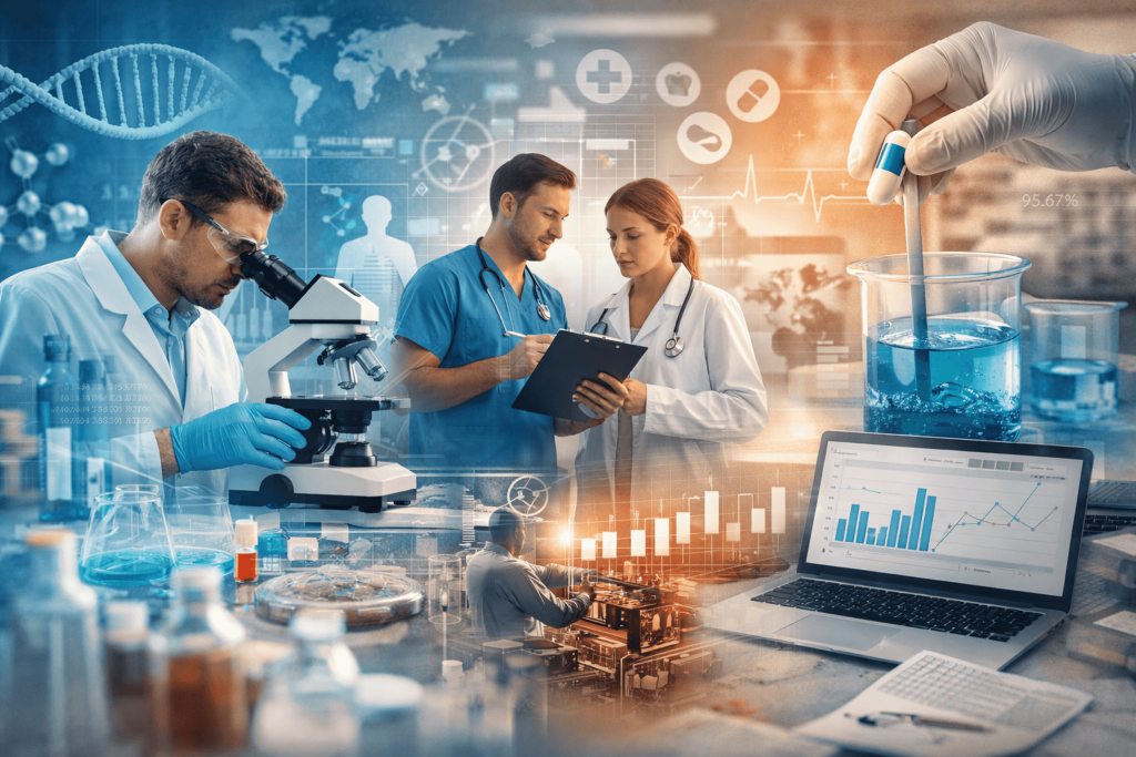 A wide, horizontal illustration showing scientists, clinicians, and engineers working across research, healthcare, and technology—featuring a researcher using a microscope, doctors reviewing clinical data, laboratory experiments, data analytics on a laptop, and medical symbols—representing the diverse expertise of Kolabtree’s global expert community.