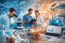 A wide, horizontal illustration showing scientists, clinicians, and engineers working across research, healthcare, and technology—featuring a researcher using a microscope, doctors reviewing clinical data, laboratory experiments, data analytics on a laptop, and medical symbols—representing the diverse expertise of Kolabtree’s global expert community.