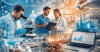 A wide, horizontal illustration showing scientists, clinicians, and engineers working across research, healthcare, and technology—featuring a researcher using a microscope, doctors reviewing clinical data, laboratory experiments, data analytics on a laptop, and medical symbols—representing the diverse expertise of Kolabtree’s global expert community.