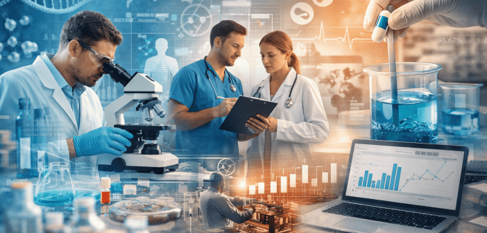 A wide, horizontal illustration showing scientists, clinicians, and engineers working across research, healthcare, and technology—featuring a researcher using a microscope, doctors reviewing clinical data, laboratory experiments, data analytics on a laptop, and medical symbols—representing the diverse expertise of Kolabtree’s global expert community.